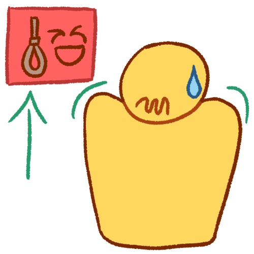  a drawing of a plain yellow person looking uncomfortable, with their shoulders raised, their mouth in a squiggly line, and a sweat droplet on their head. next to them is a pink square containing a noose and laughing face with a green arrow pointing to it. 